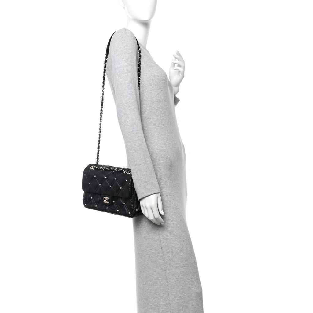 Chanel Lambskin Quilted Pearl Studded Flap Black