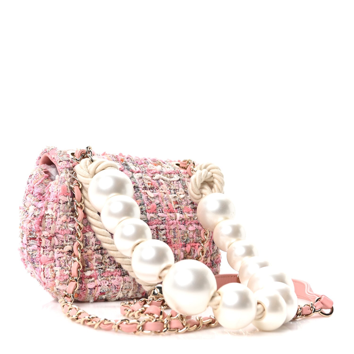 Chanel Tweed Mini Pearl Handle Flap Pink Beige Orange Ecru