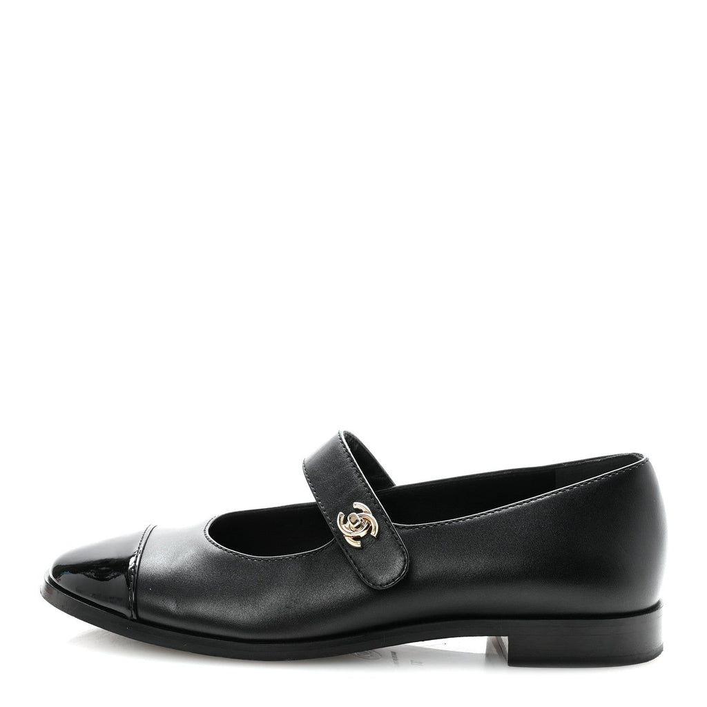 Calfskin Patent Mary Janes Flats 37 Black