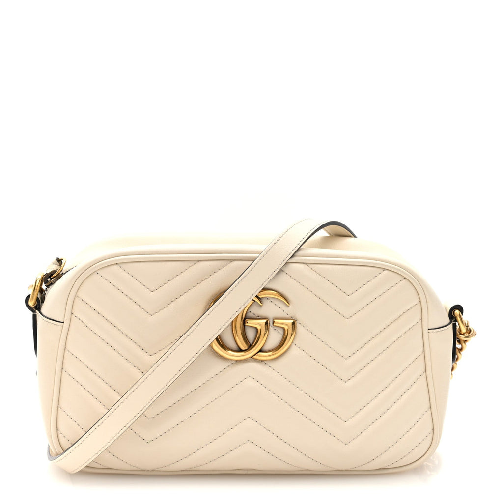 Gucci Calfskin Matelasse Small GG Marmont Chain Shoulder Bag White