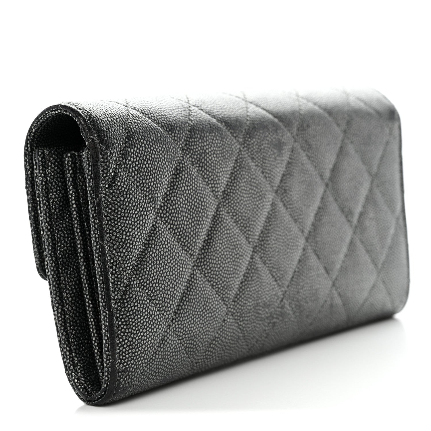 Metallic Caviar Quilted Large Golden Class Gusset Flap Wallet Dark Grey