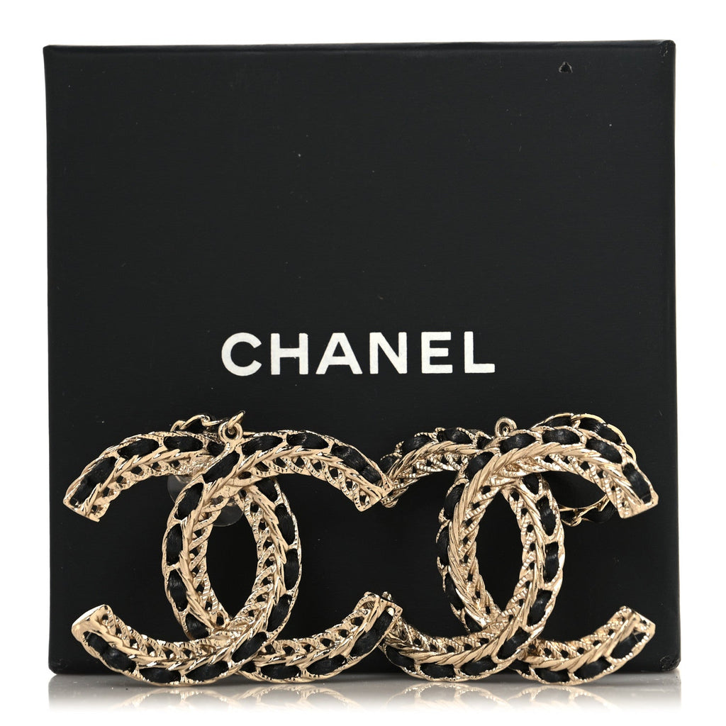 Lambskin CC Chain Drop Earrings Black Gold