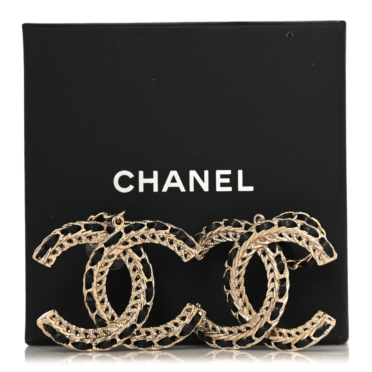 Lambskin CC Chain Drop Earrings Black Gold