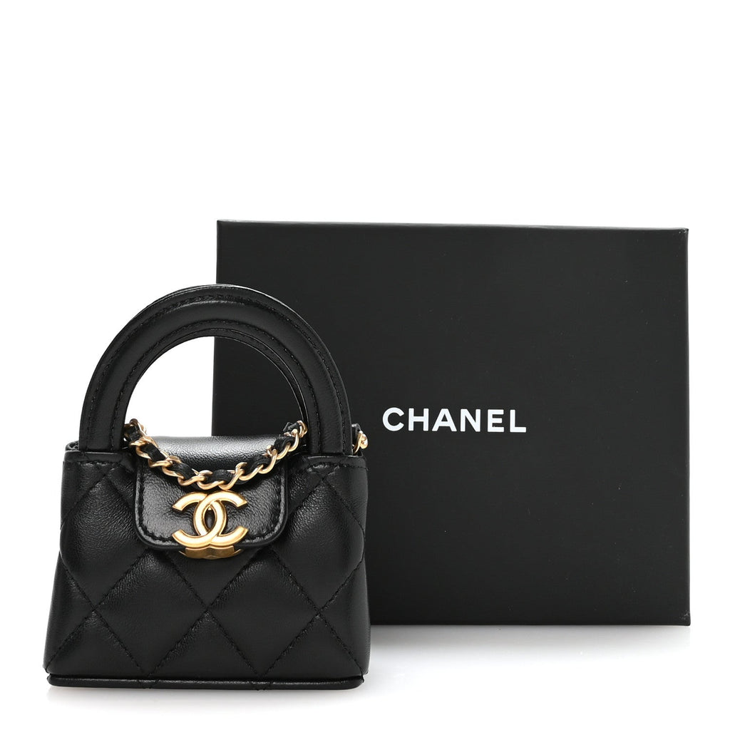 Chanel Shiny Lambskin Quilted Mini Kelly Bag Charm Black