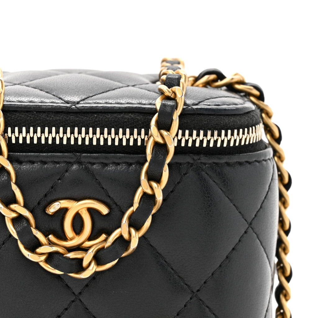 Chanel Lambskin Quilted Mini Pearl Crush Vanity Case With Chain Black