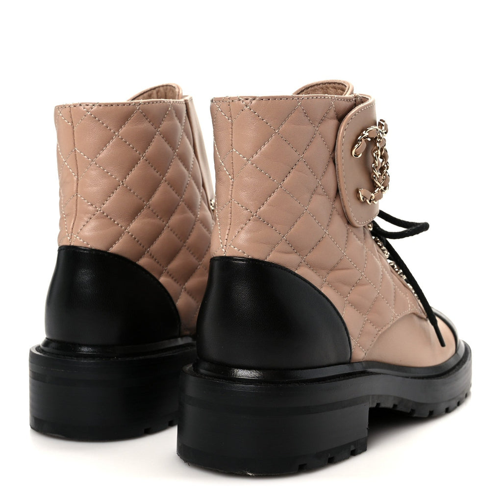 Chanel Shiny Lambskin Quilted Lace Up Combat Boots 36 Beige Black