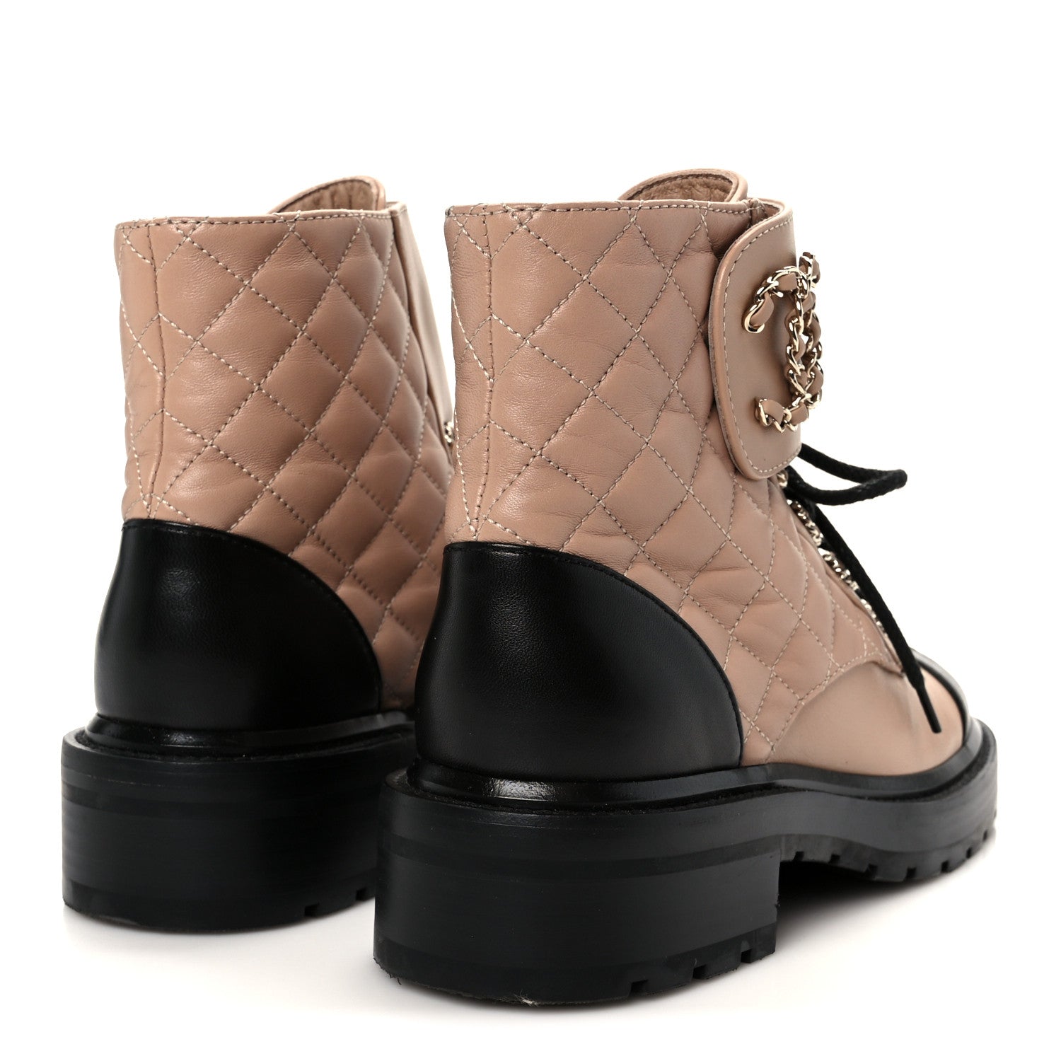 Chanel Shiny Lambskin Quilted Lace Up Combat Boots 36 Beige Black