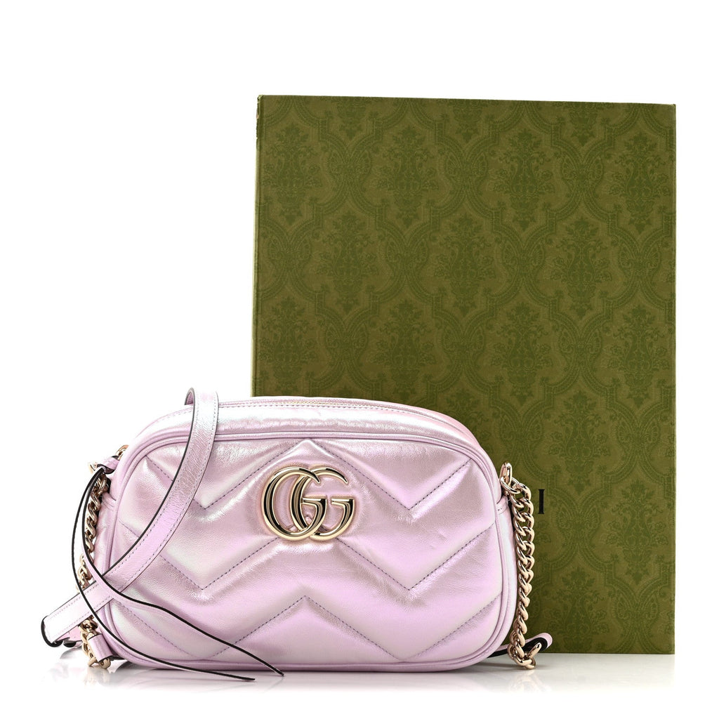 Gucci Iridescent Nappa Chevron Matelasse Small GG Marmont Chain Shoulder Bag Iridescent Escape Pink