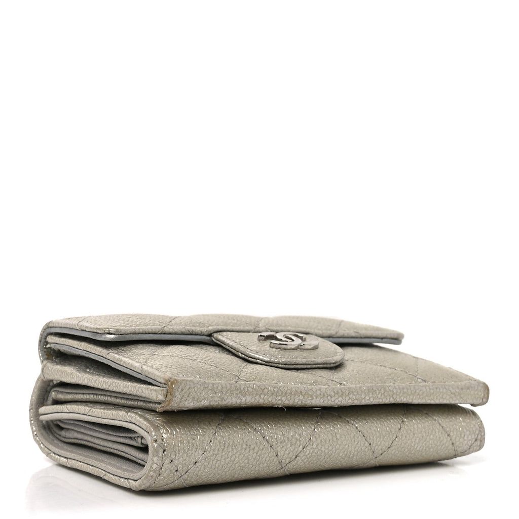 Metallic Caviar Quilted Double Flap Wallet Silver