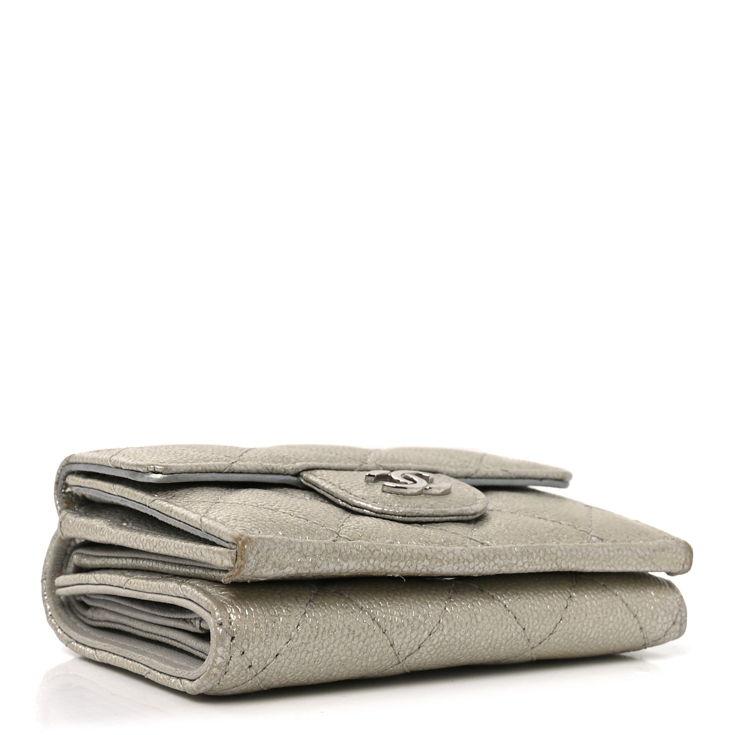 Metallic Caviar Quilted Double Flap Wallet Silver