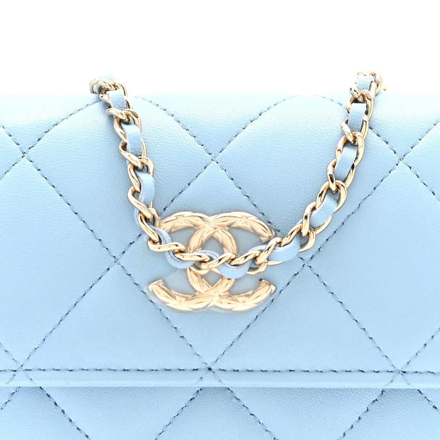 Chanel Lambskin Quilted Chain Around Coin Purse With Chain Light Blue
