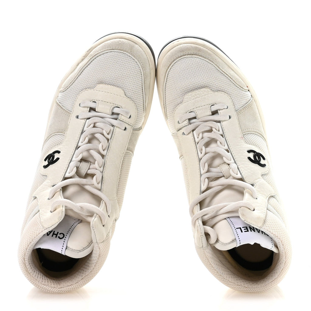 Chanel Suede Fabric Grained Calfskin Womens CC High Top Sneakers 38 White