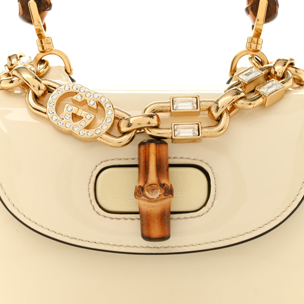 Gucci Patent Crystal Mini Bamboo 1947 Top Handle Chain Bag White
