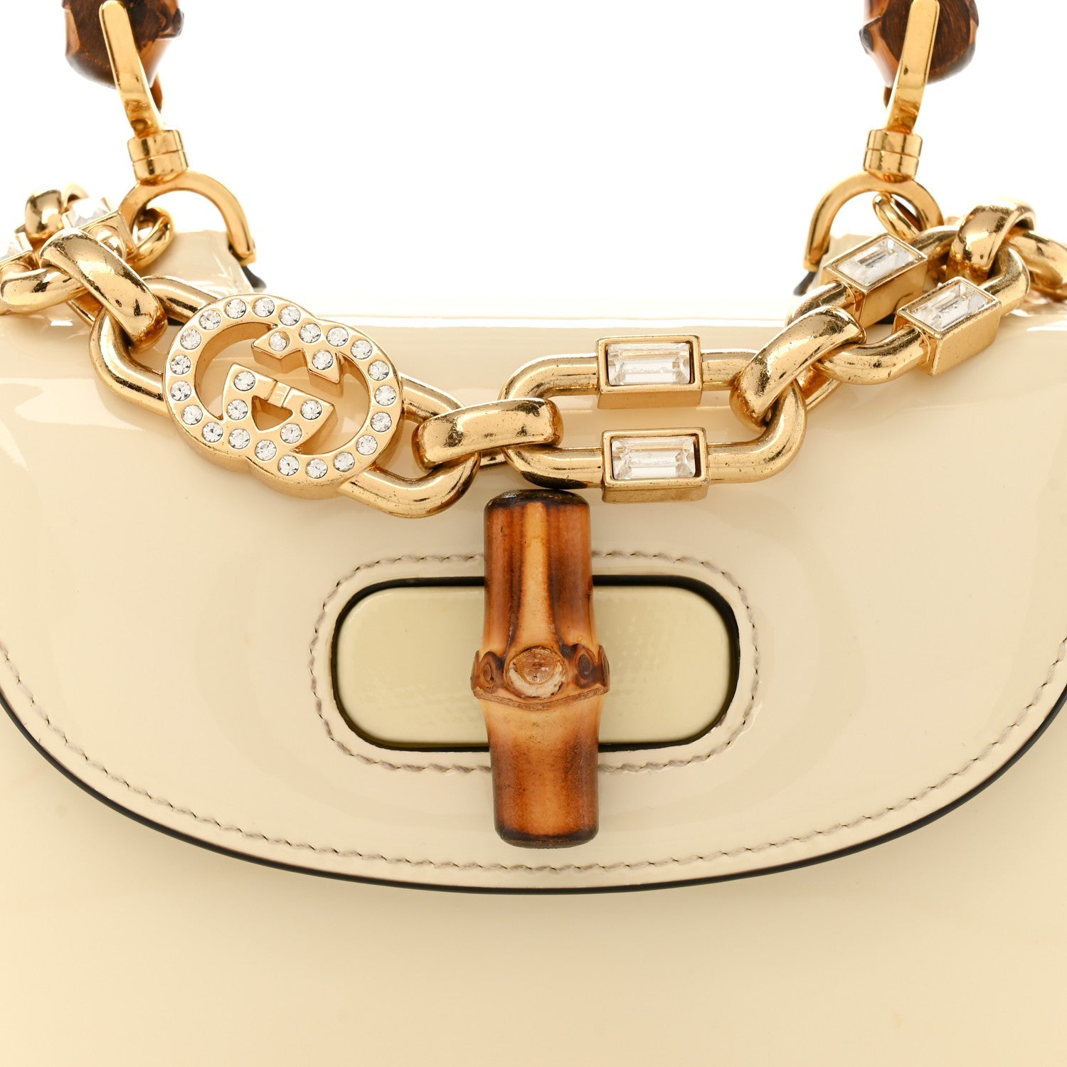 Gucci Patent Crystal Mini Bamboo 1947 Top Handle Chain Bag White