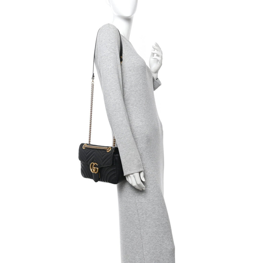 Gucci Calfskin Matelasse Small GG Marmont Shoulder Bag Black