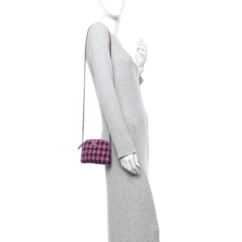 Chanel Tweed Quilted Mini Clutch With Chain Purple