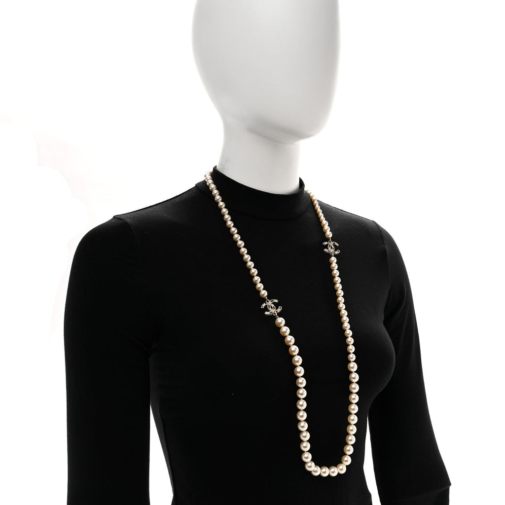 Baguette Crystal Pearl CC Long Necklace Black Gold
