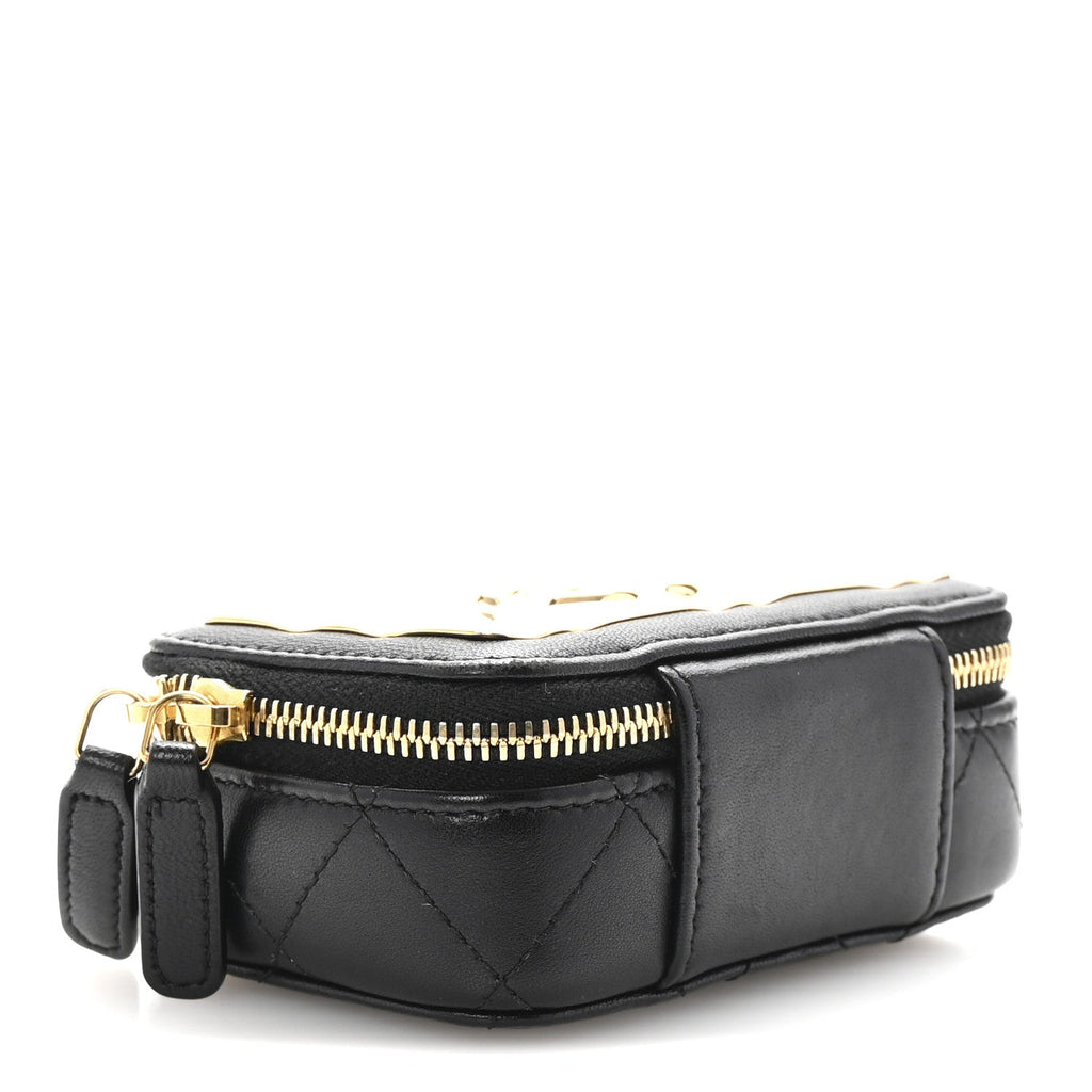 Chanel Lambskin Metal Quilted Extra Mini Vanity Case With Chain Black Gold