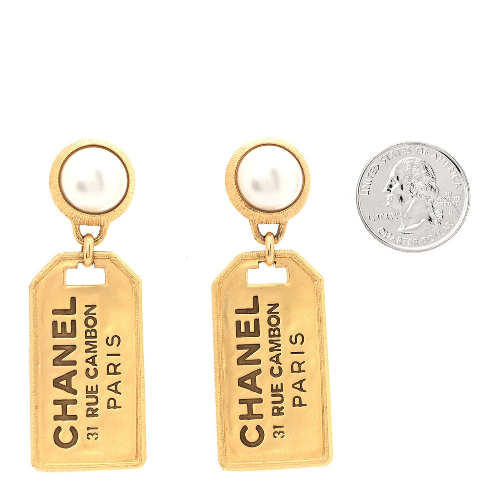 Pearl CC Tags Drop Earrings Gold