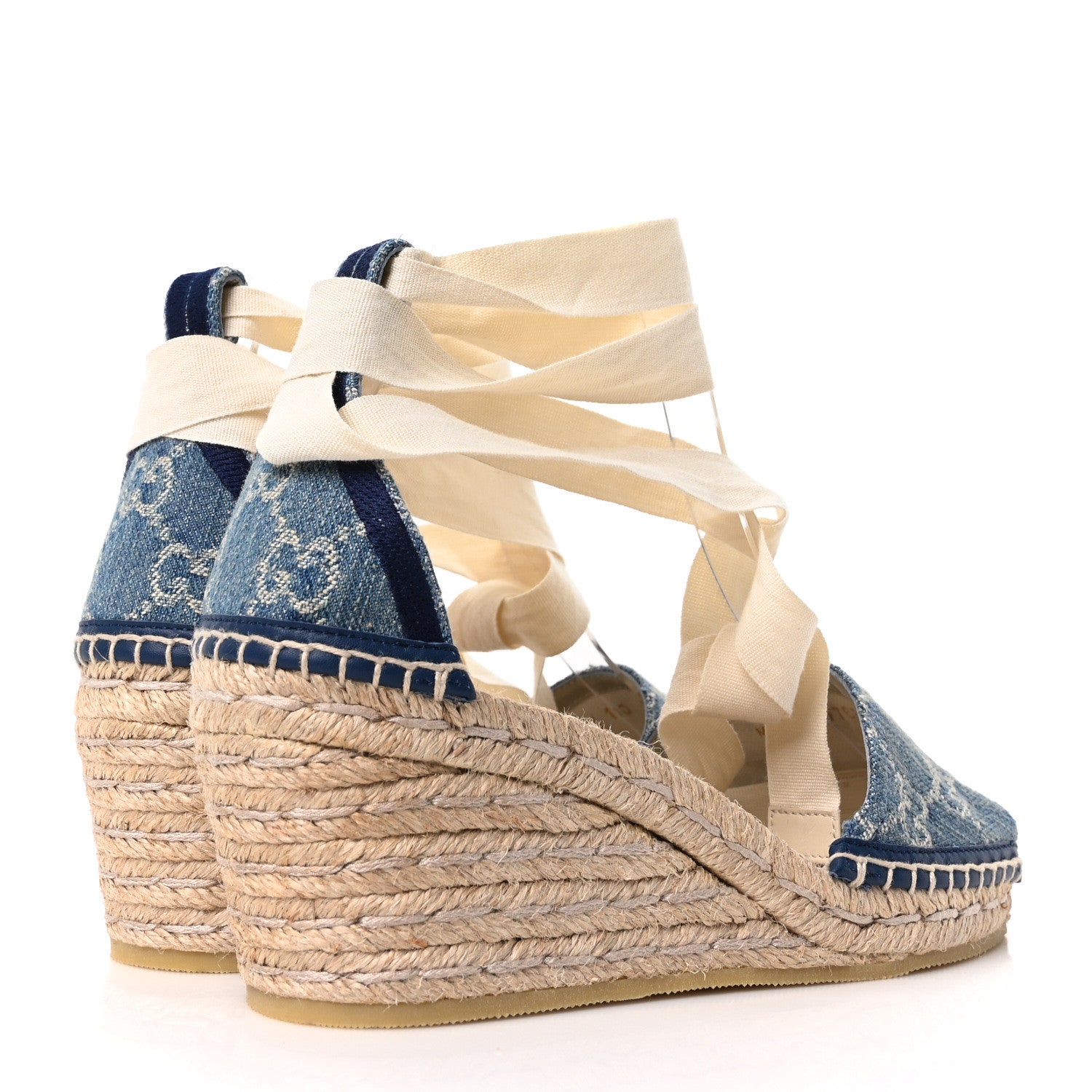 Gucci New Denim GG Monogram Pilar Ankle Wrap Espadrille Wedge Sandals 36.5 Light Blue