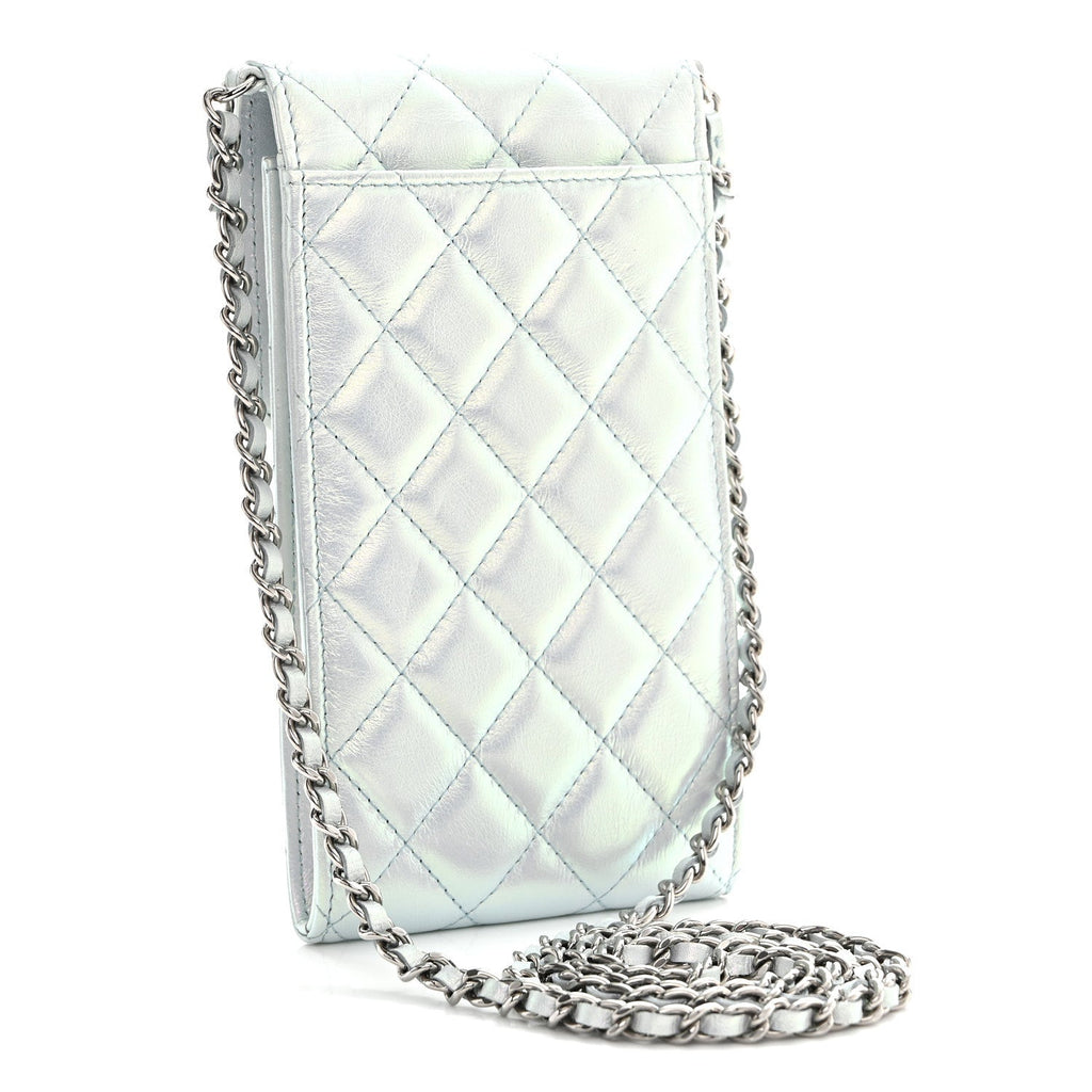 Chanel Iridescent Lambskin Quilted CC Phone Holder Blue