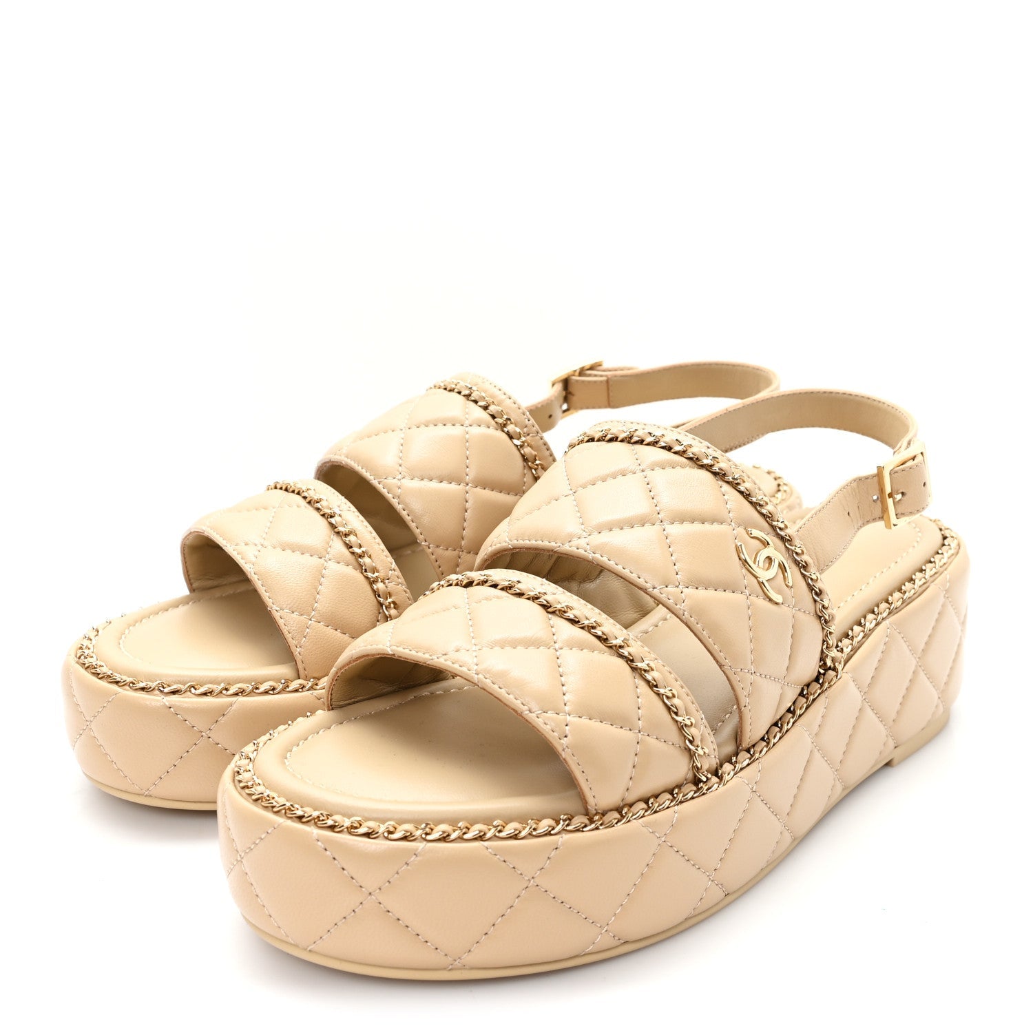 Chanel Shiny Lambskin Quilted Chain Around CC Platform Sandals 39.5 Beige