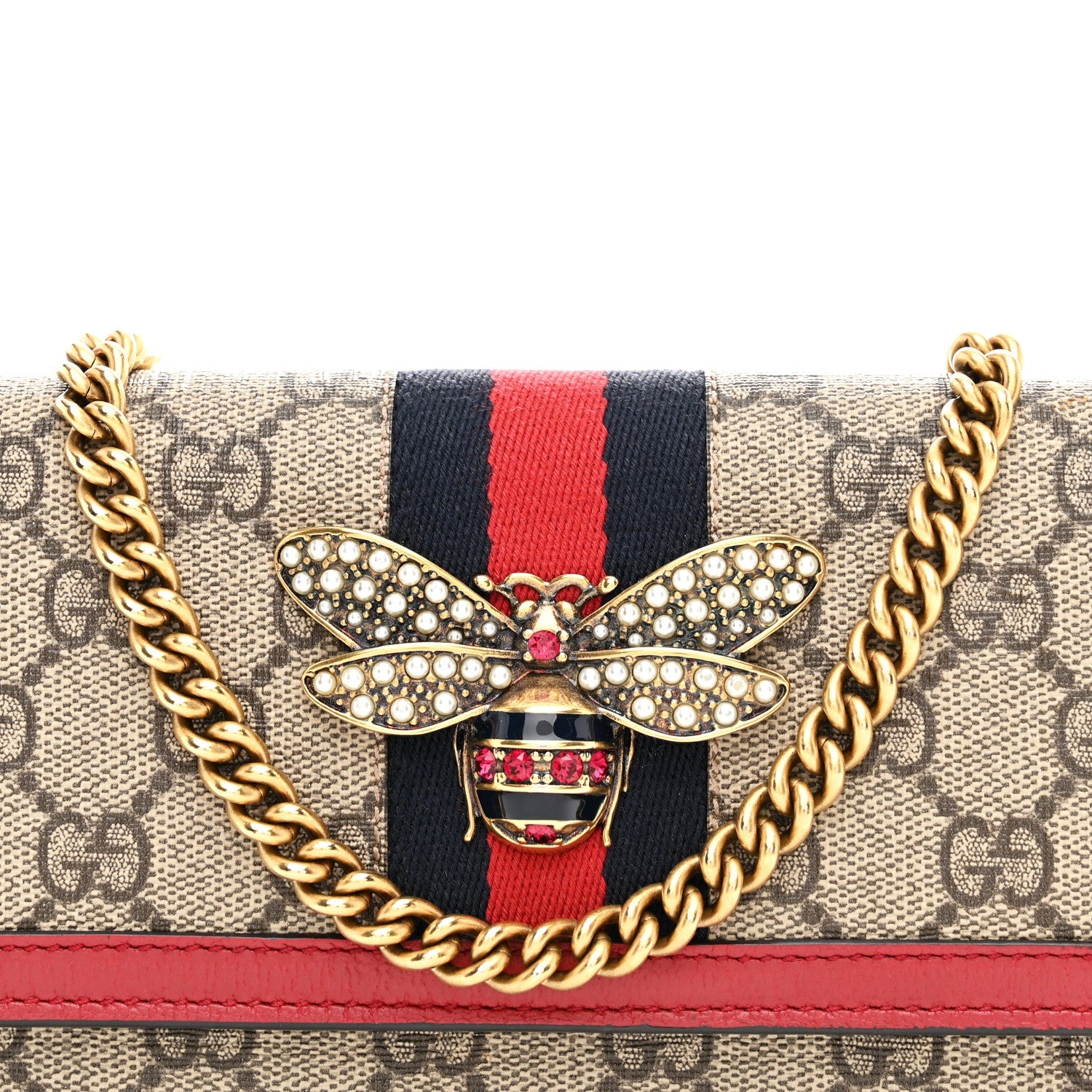 Gucci GG Supreme Monogram Web Queen Margaret Chain Wallet Red