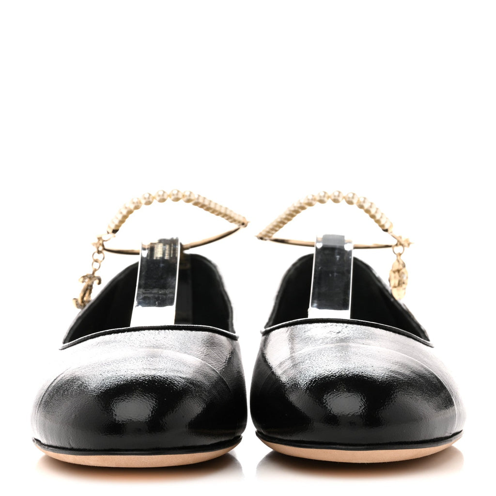 Chanel Shiny Lambskin Pearl Cap Toe Ankle Chain Ballerina Flats 39 Black