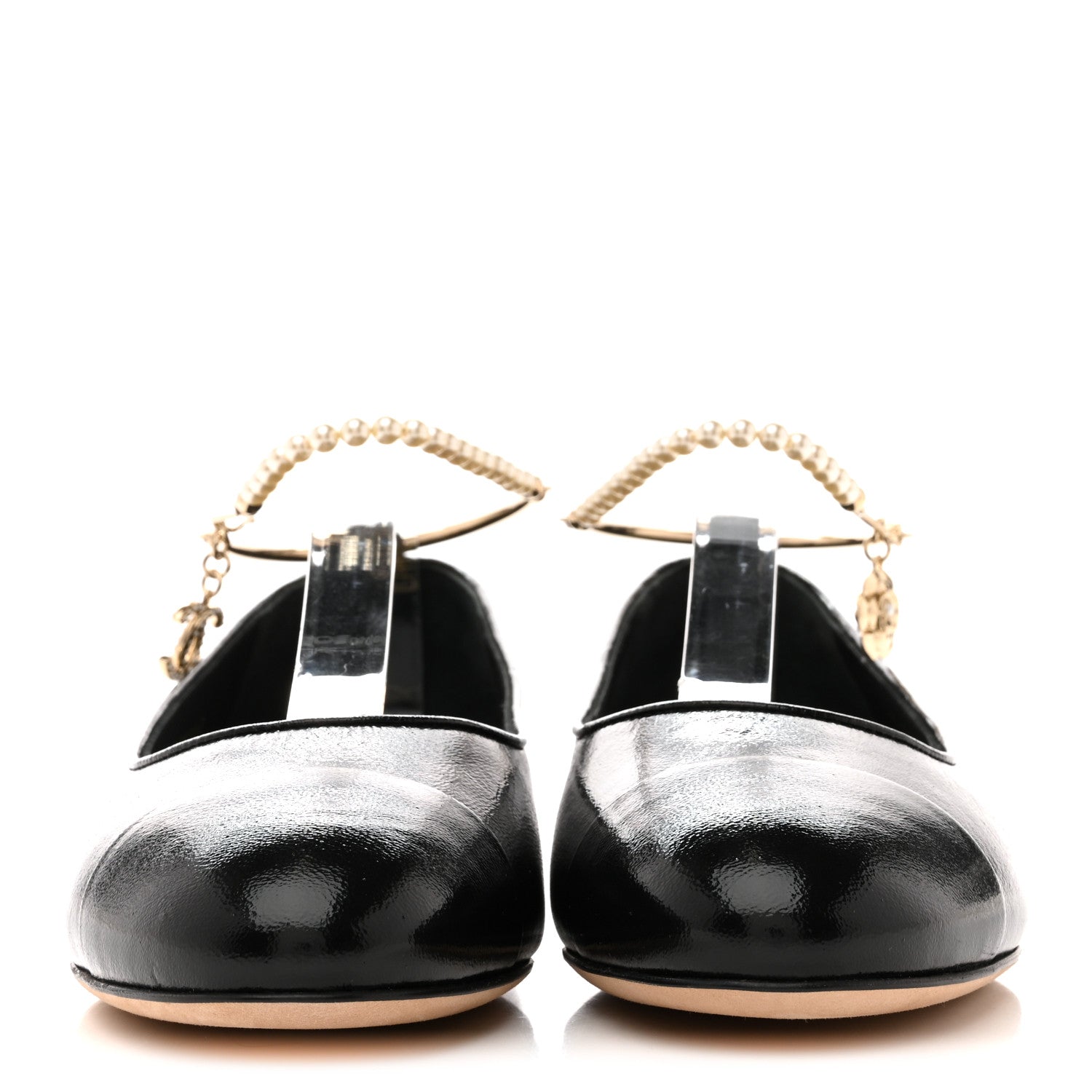 Chanel Shiny Lambskin Pearl Cap Toe Ankle Chain Ballerina Flats 39 Black