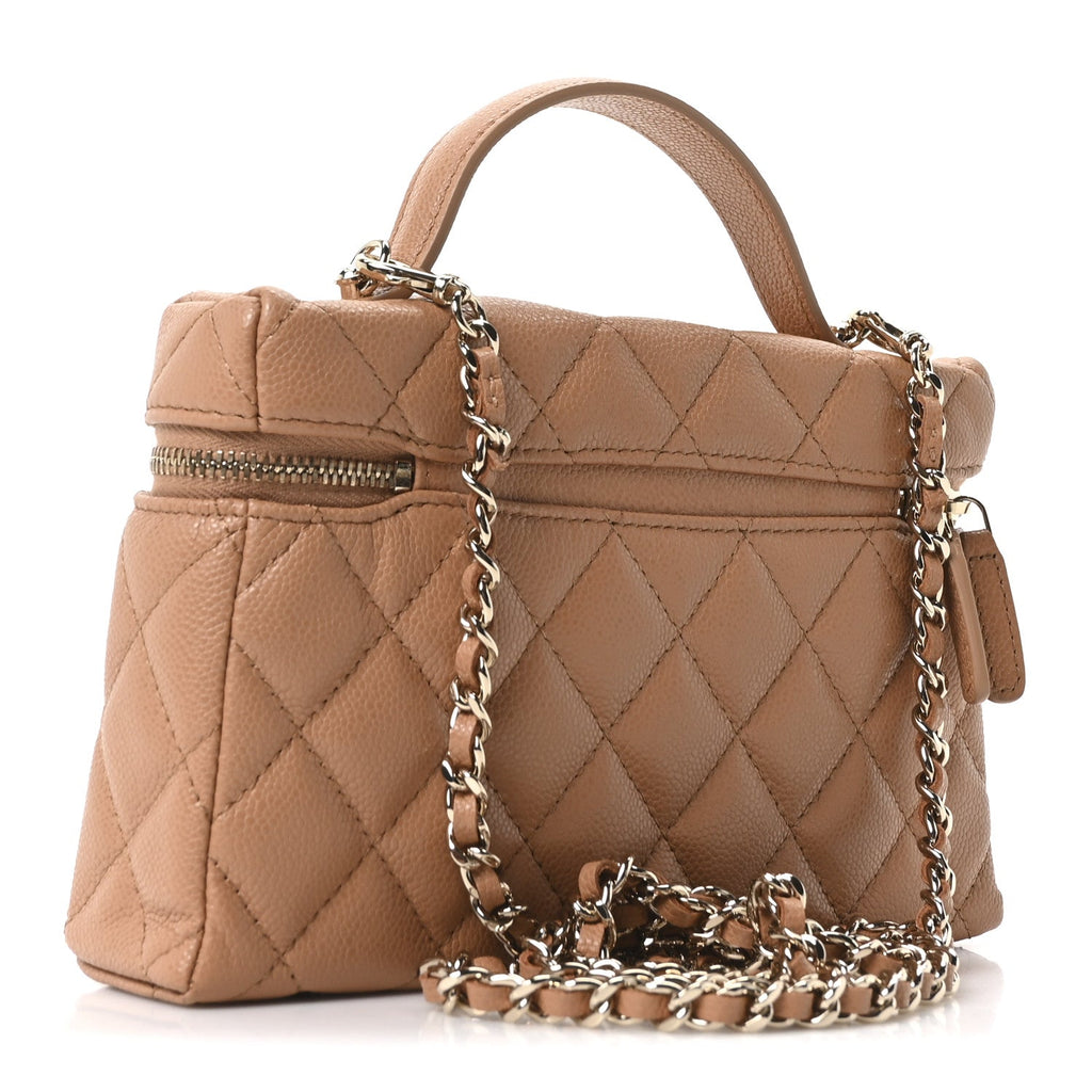Chanel Caviar Quilted Top Handle Slim Vanity With Chain Brown