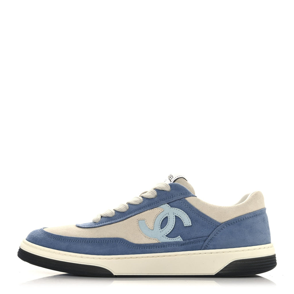Chanel Suede Kidskin Womens CC Sneakers 39 White Blue