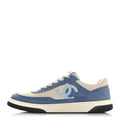 Chanel Suede Kidskin Womens CC Sneakers 39 White Blue