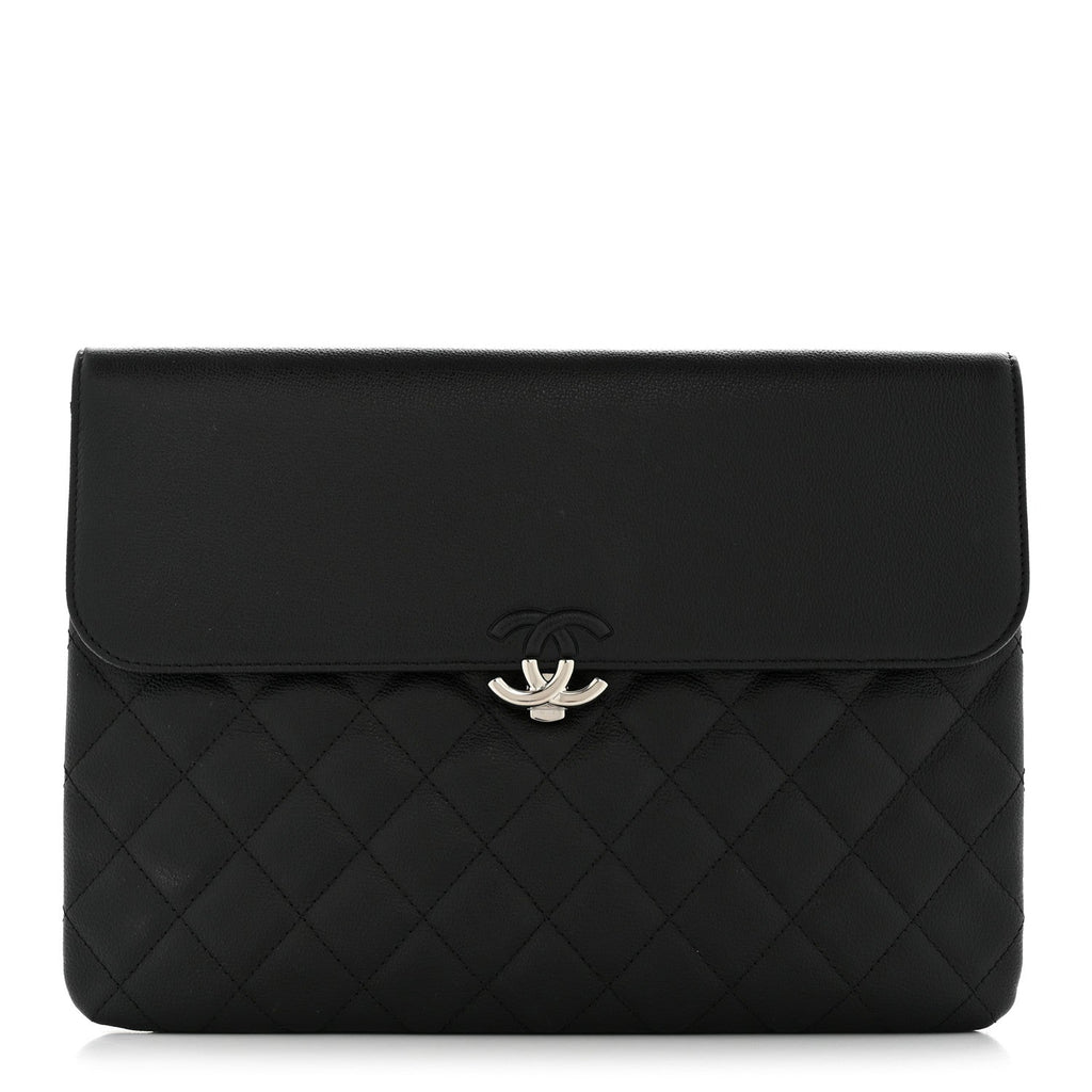 Grained Calfskin Quilted CC Box Pouch Black