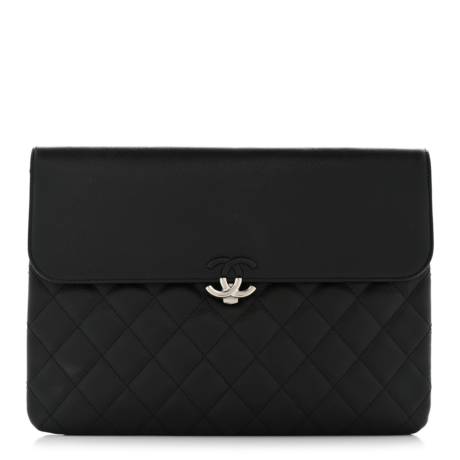 Grained Calfskin Quilted CC Box Pouch Black