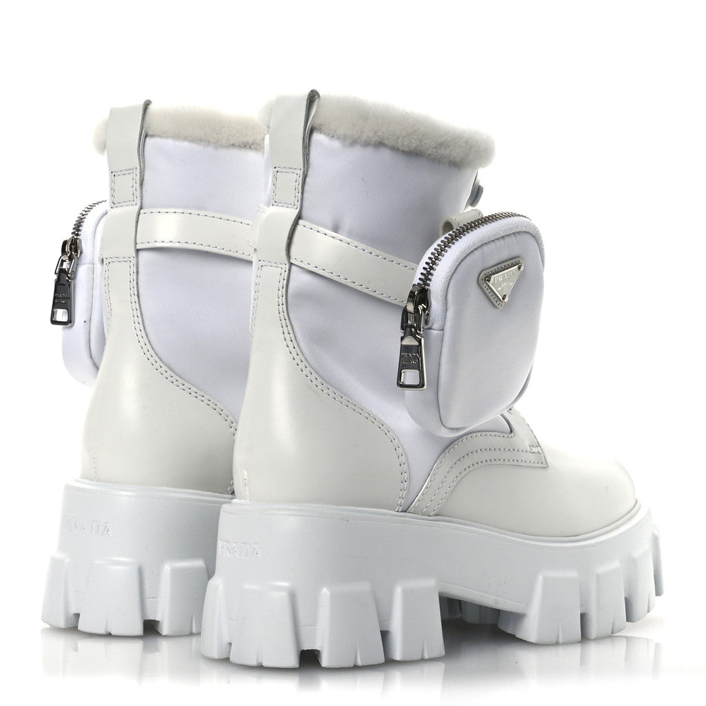 Prada Spazzolato Rois Nylon Shearling Metal Triangle Logo Monolith Pouch Pocket 55mm Boots 35.5 White