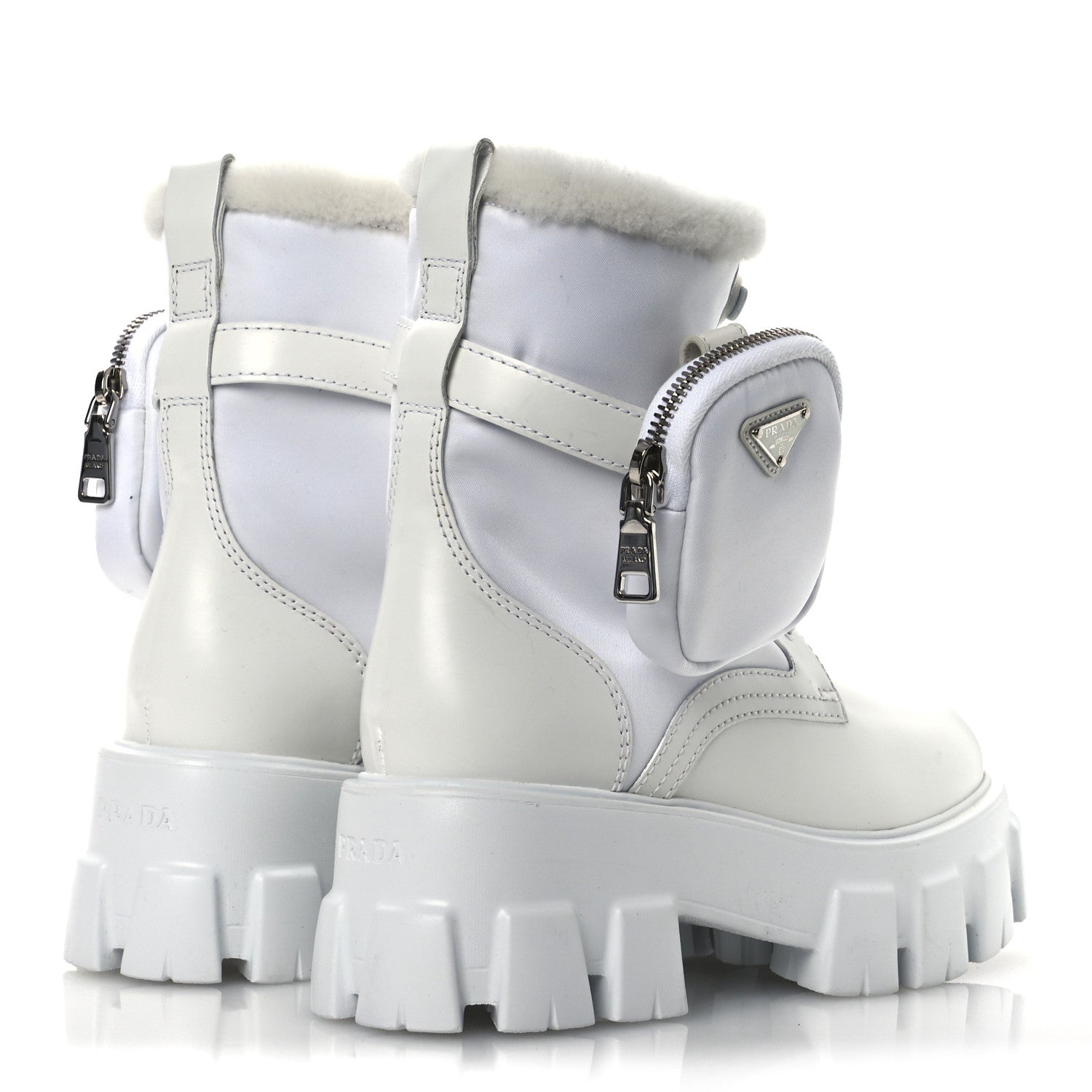 Prada Spazzolato Rois Nylon Shearling Metal Triangle Logo Monolith Pouch Pocket 55mm Boots 35.5 White