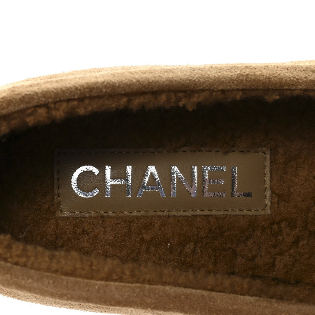 Chanel Suede Calfskin CC Loafers 37.5 Dark Beige