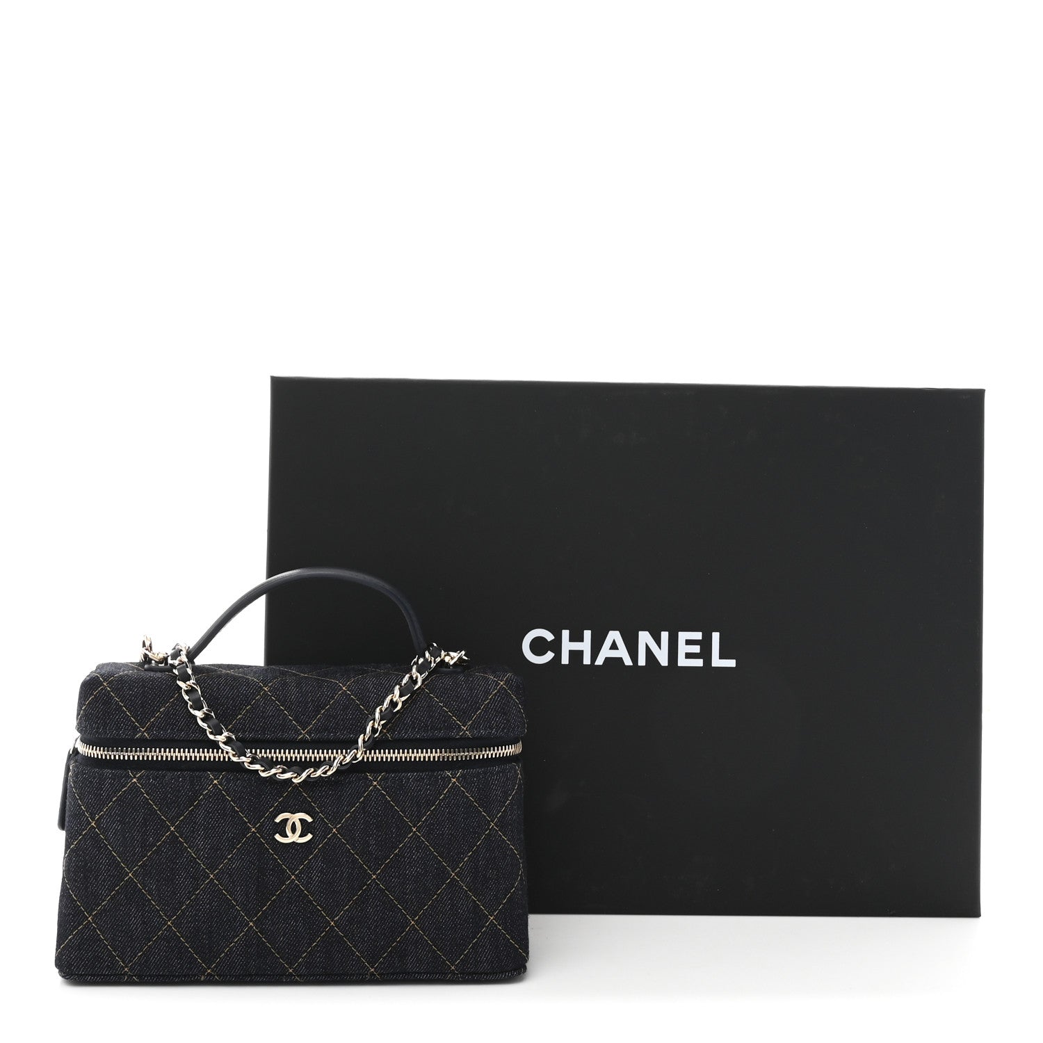 Chanel Denim Quilted Top Handle Slim Vanity Case With Chain Dark Blue Orange