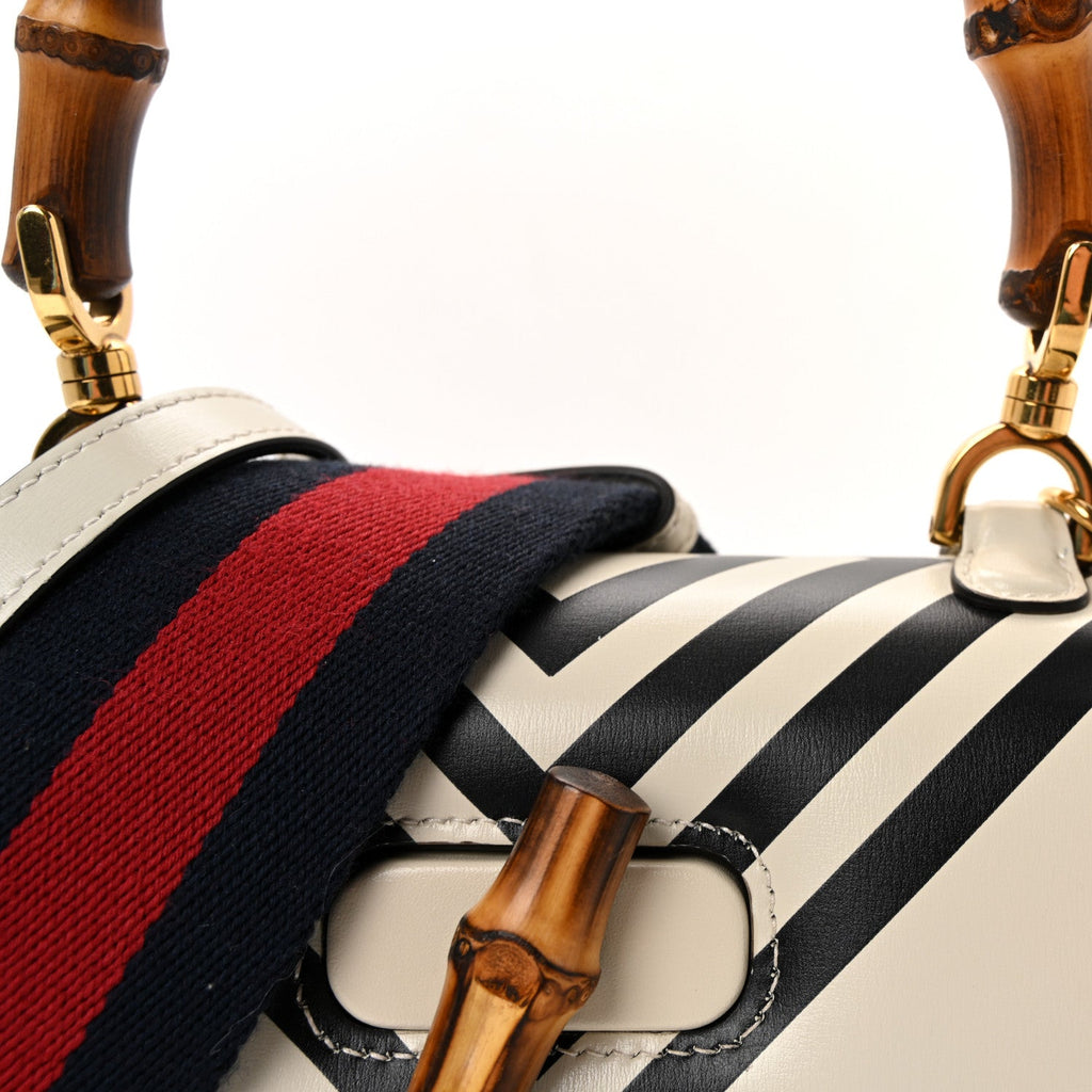 Gucci Calfskin Web Geometric Print Small Bamboo 1947 Top Handle Bag White Multi
