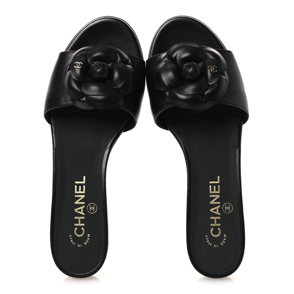 Lambskin Camellia Sandal Mules 37.5 Black