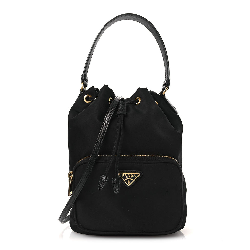 Prada Nylon Vela Saffiano Mini Bucket Crossbody Bag Black