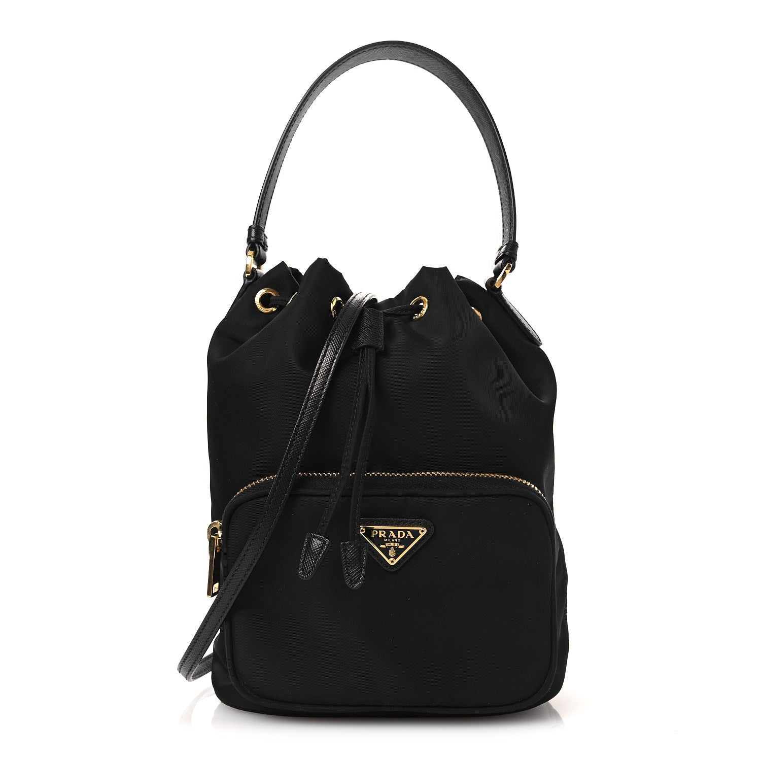 Prada Nylon Vela Saffiano Mini Bucket Crossbody Bag Black