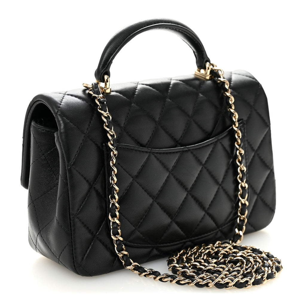 Chanel Lambskin Quilted Mini Top Handle Rectangular Flap Black