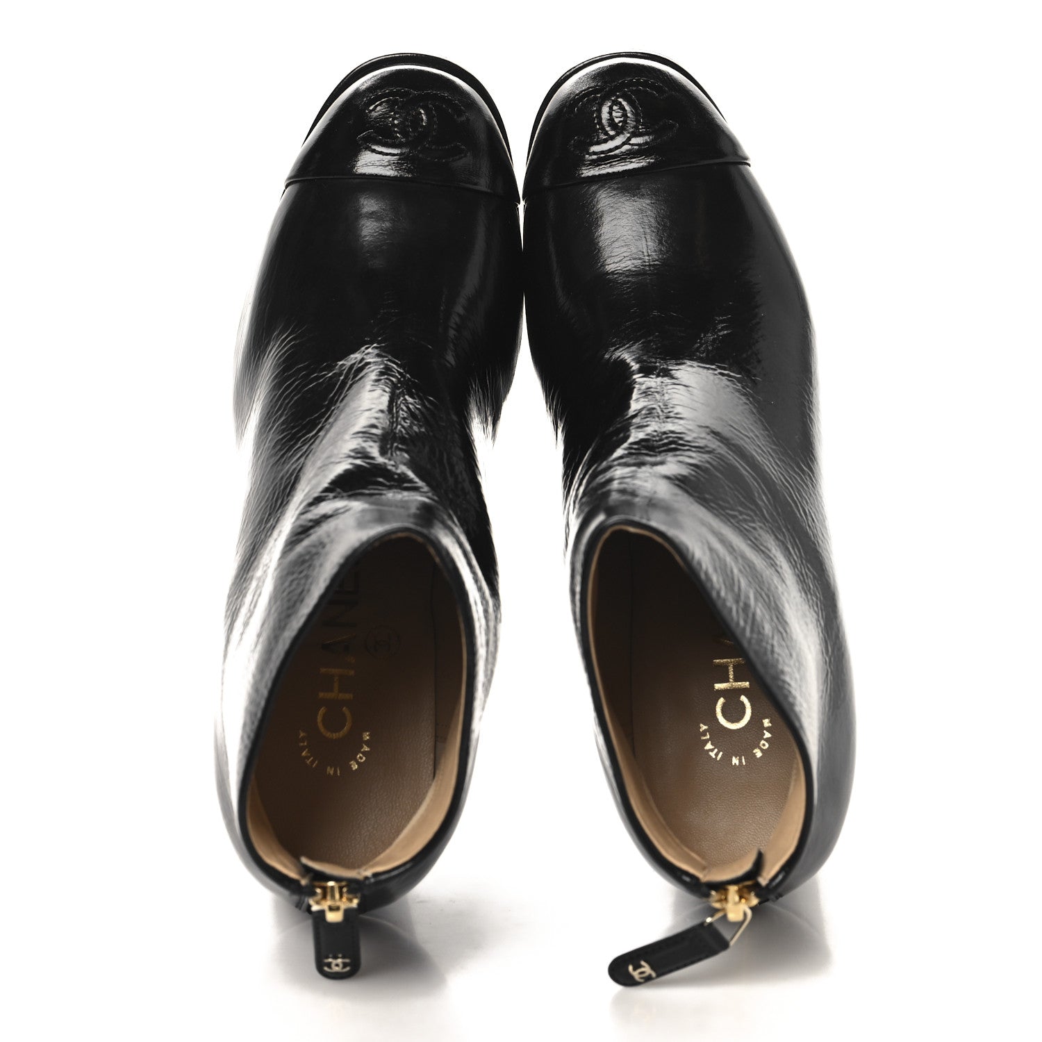 Chanel Shiny Crumpled Calfskin CC Cap Toe Ankle Boots 35.5 Black