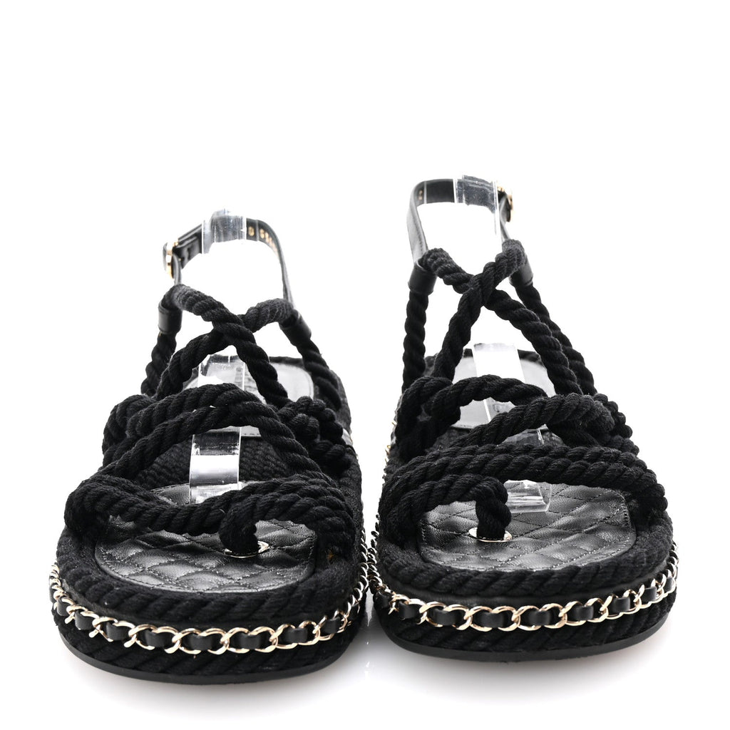 Lambskin Cord Chain CC Sandals 37 Black