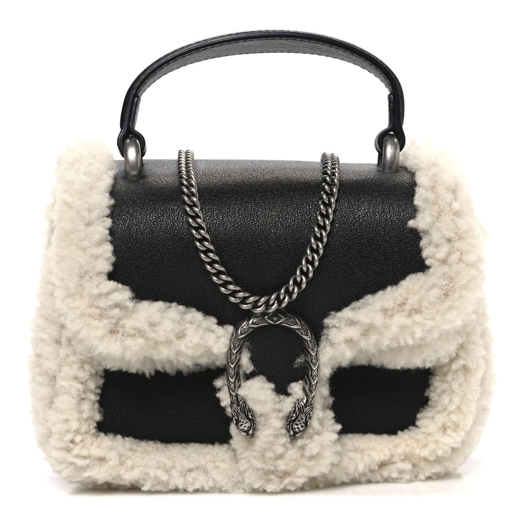 Gucci Sakai Be Green Calfskin Shearling Mini Dionysus Top Handle Bag Black