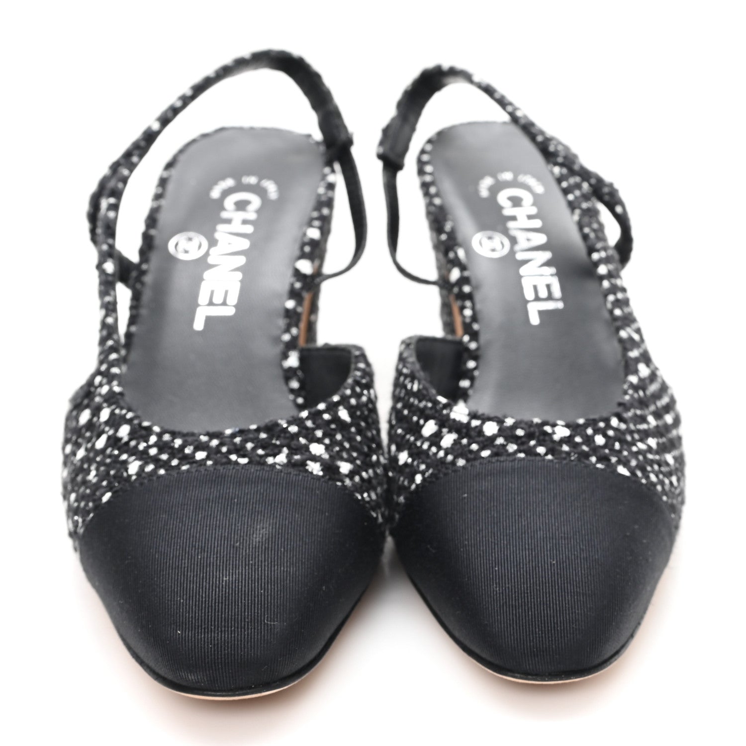 Chanel Tweed Polkadot Grosgrain Cap Toe CC Slingback Pumps 36 Black White Silver