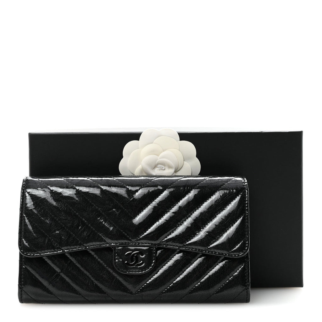 Patent Metallic Crumpled Calfskin Chevron Quilted Large Gusset Flap Wallet So Black