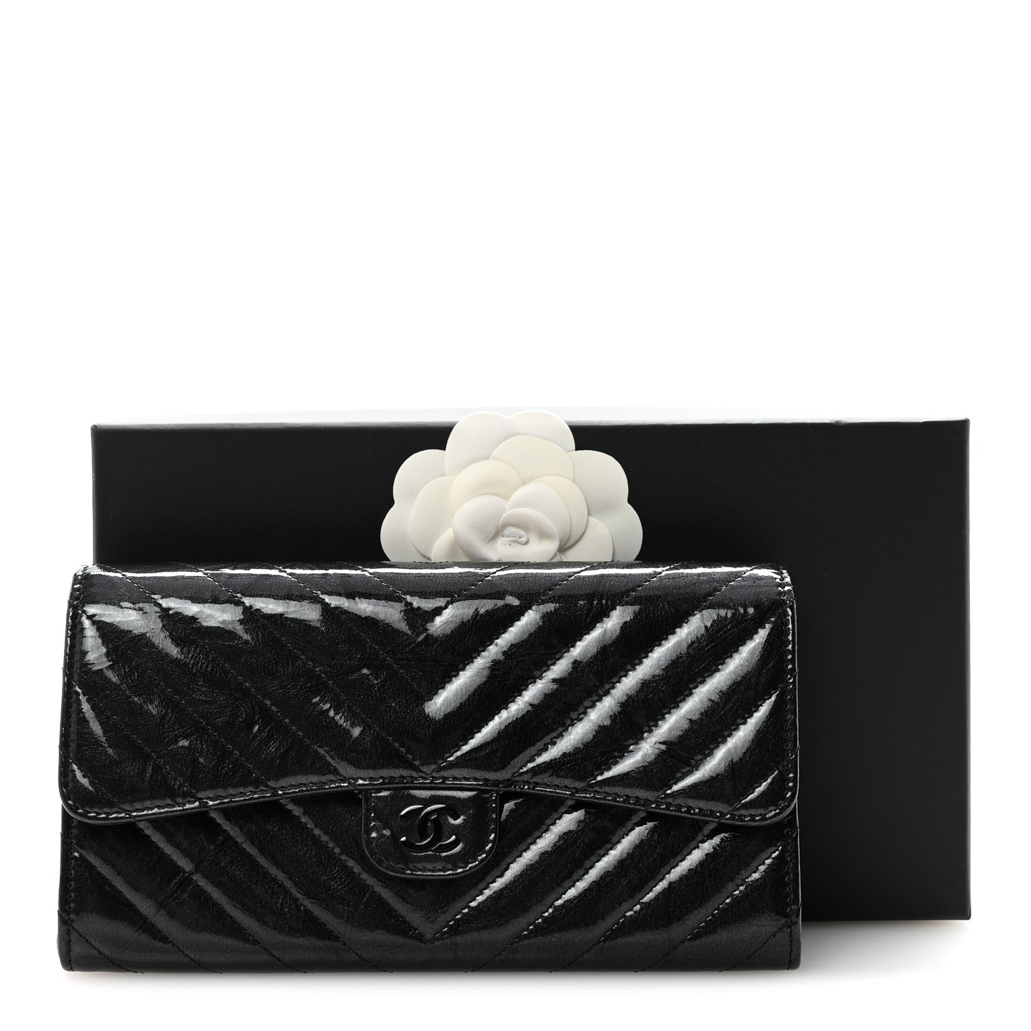 Patent Metallic Crumpled Calfskin Chevron Quilted Large Gusset Flap Wallet So Black