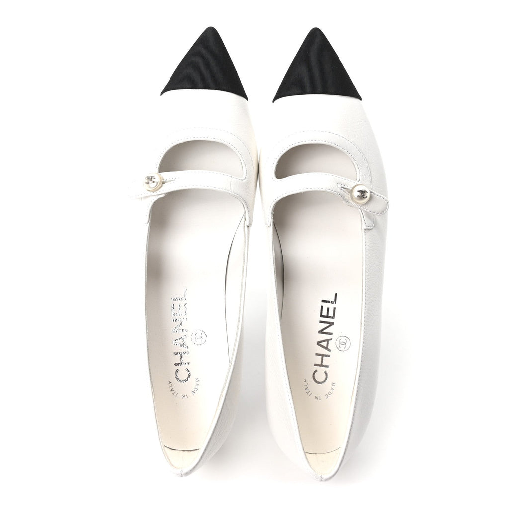Chanel Shiny Lambskin Grosgrain Pearl Mary Janes Flats 37.5 White Black